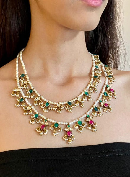 Pearl & kundan double string necklace