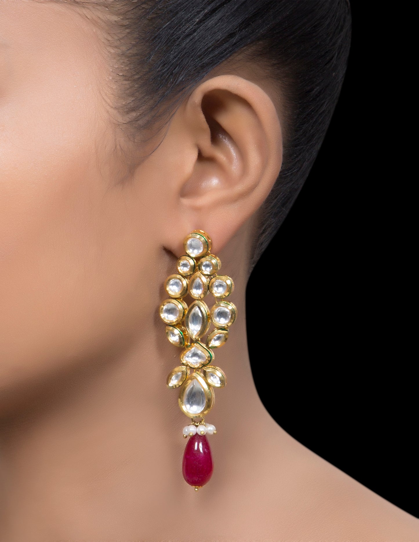 Kundan flower earrings with ruby drop