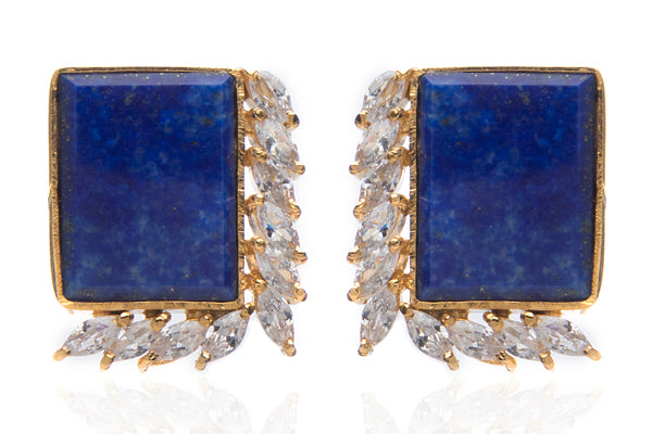 Silver lapiz  & zirconia leaf stud earrings