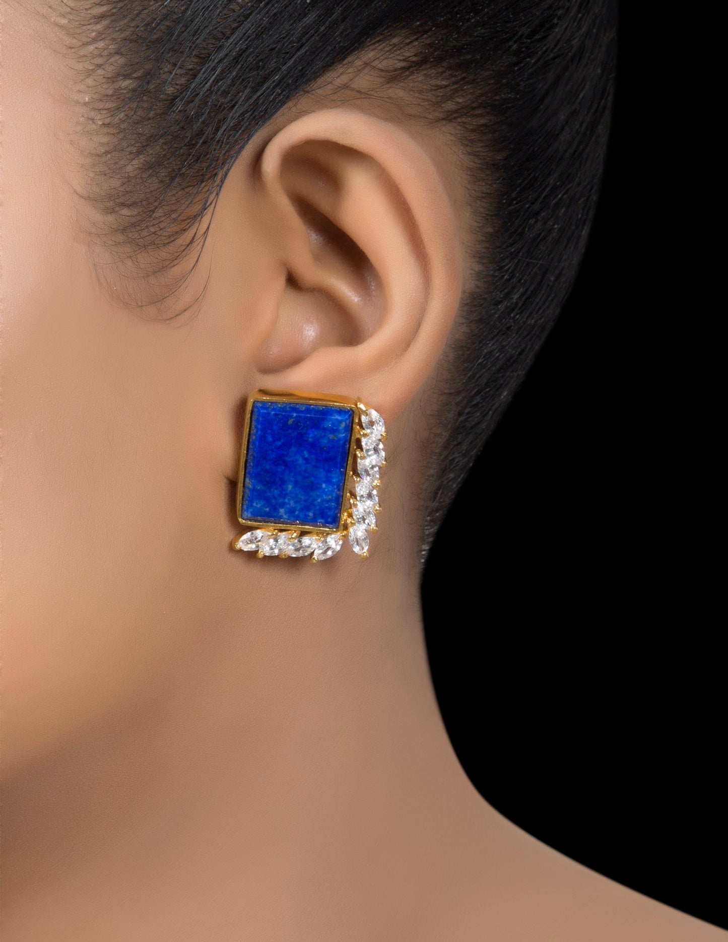 Silver lapiz  & zirconia leaf stud earrings