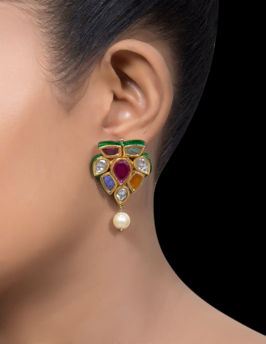 Navrattan half flower earrings with a pearl drop