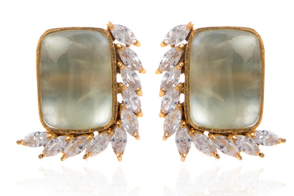 Pale green phrenite & zirconia leaf stud earrings
