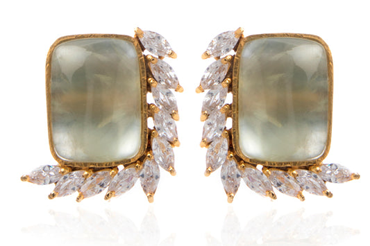 Pale green phrenite & zirconia leaf stud earrings