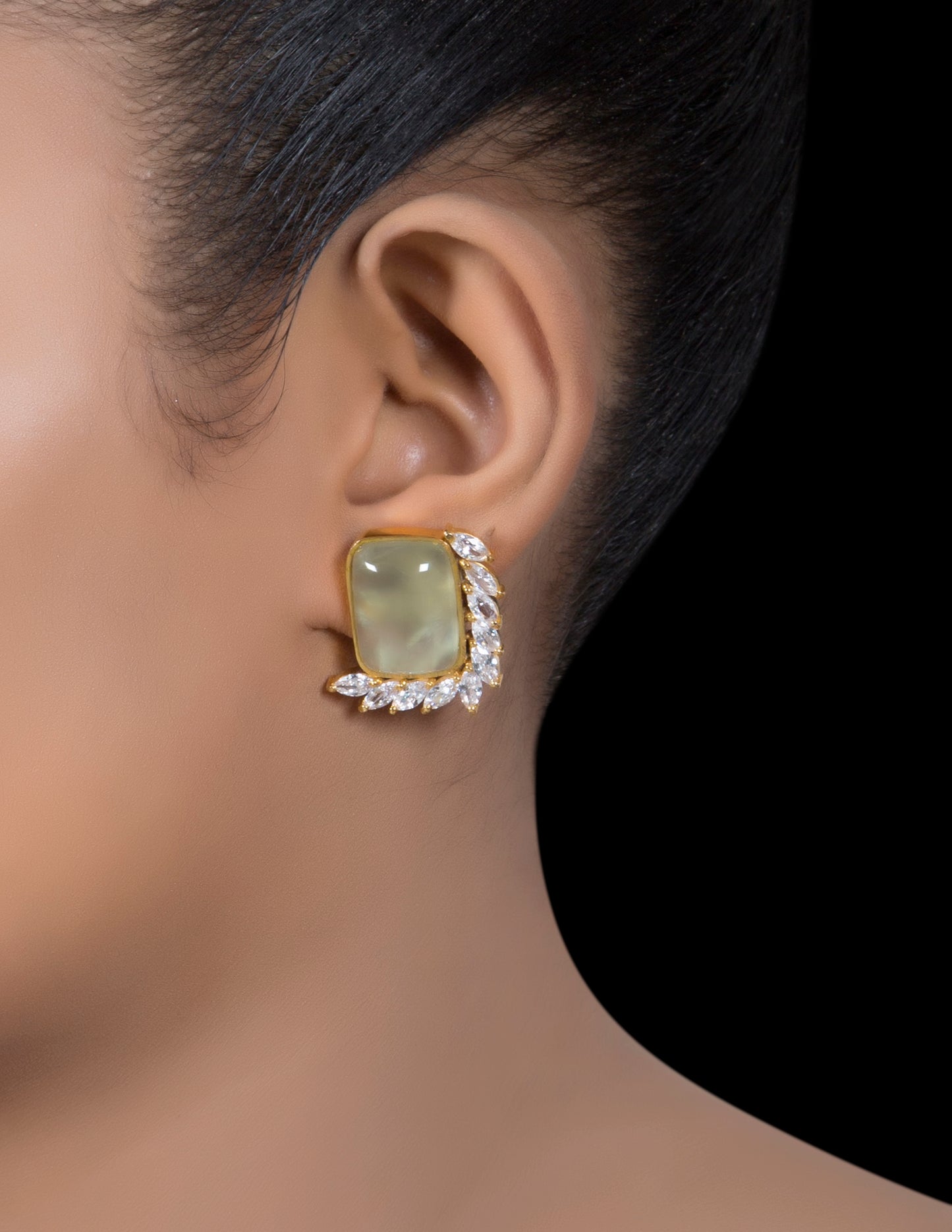 Pale green phrenite & zirconia leaf stud earrings