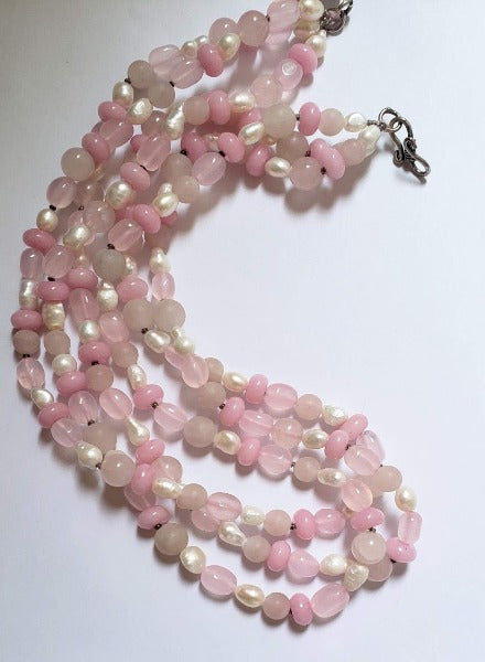Rose quartz and pearl triple string