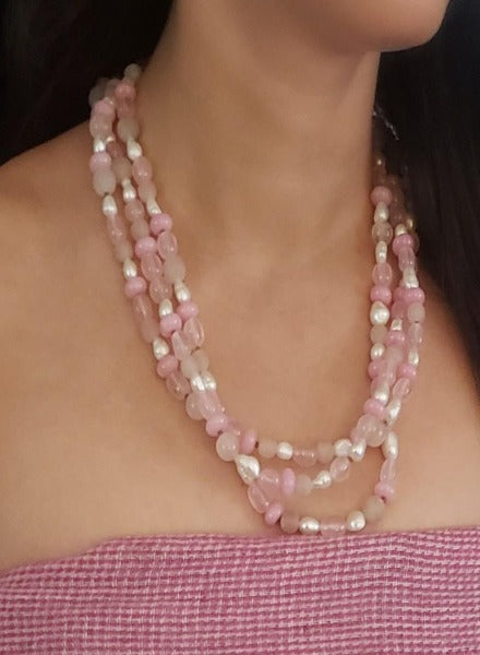 Rose quartz and pearl triple string