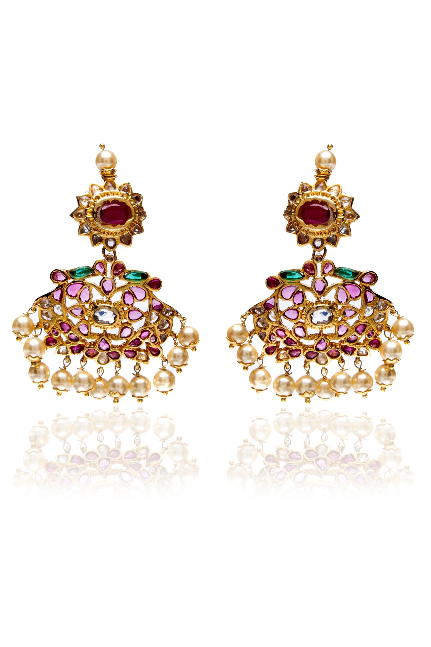 Ruby elliptical earrings with pearl drops