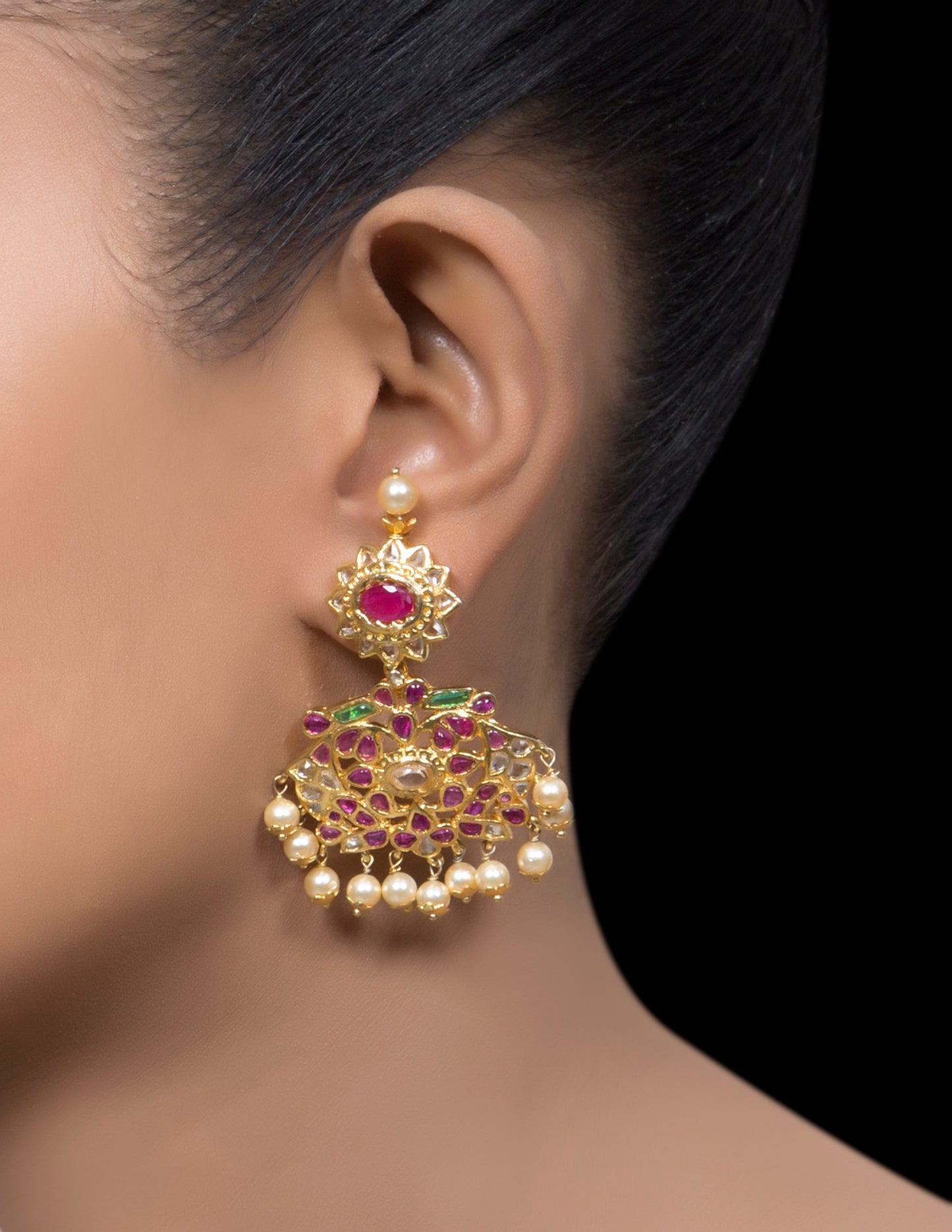 Ruby elliptical earrings with pearl drops