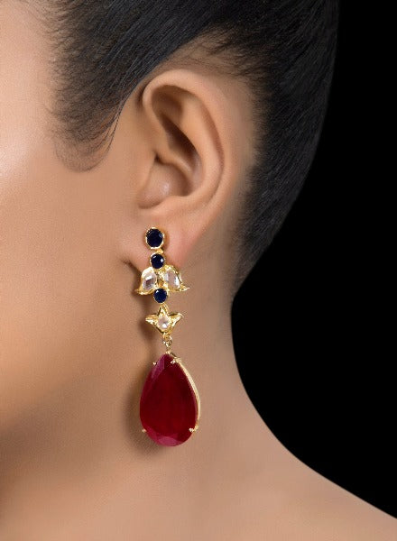Ruby drop earrings with zirconia leaves