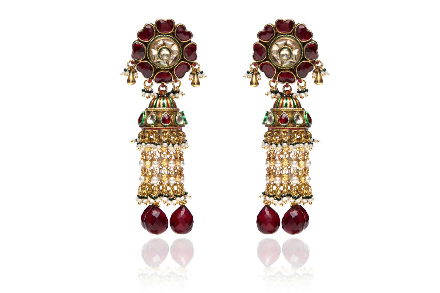 Ruby flower earrings with meena jhumkis