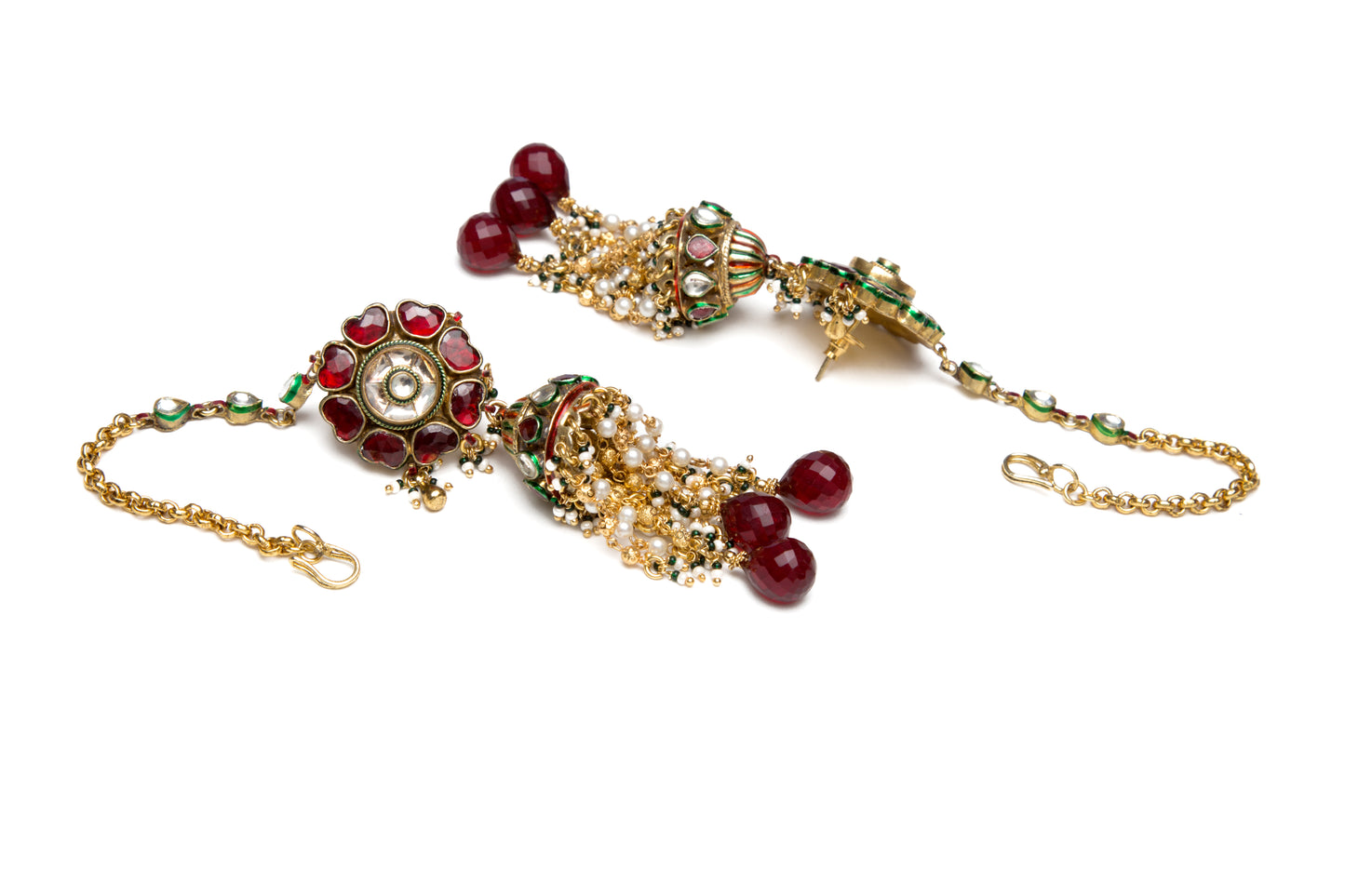 Ruby flower earrings with meena jhumkis