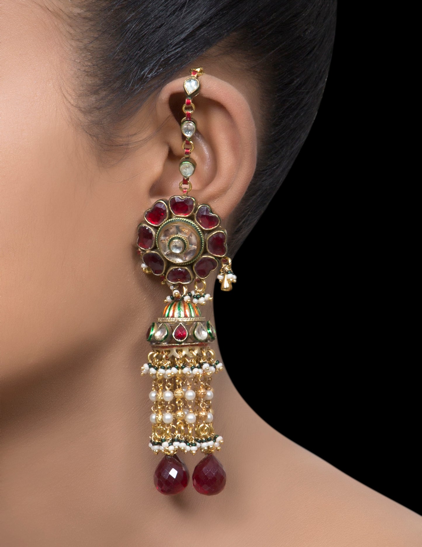 Ruby flower earrings with meena jhumkis