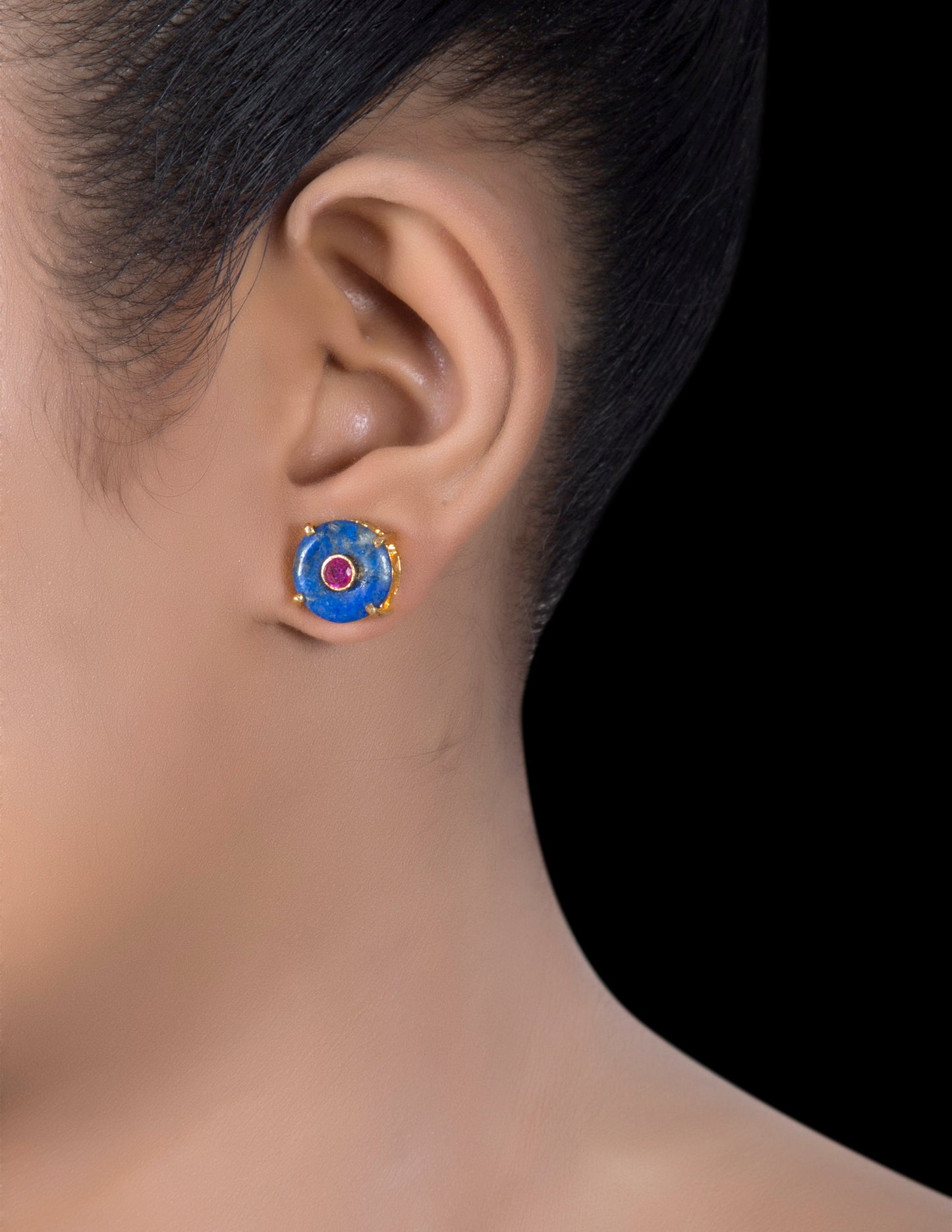 Lapiz & ruby silver stud earrings