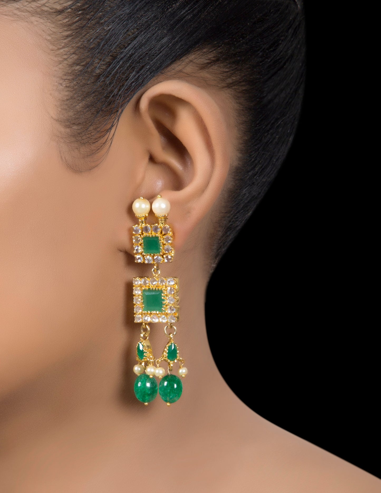 Gold tone emerald drop earrings