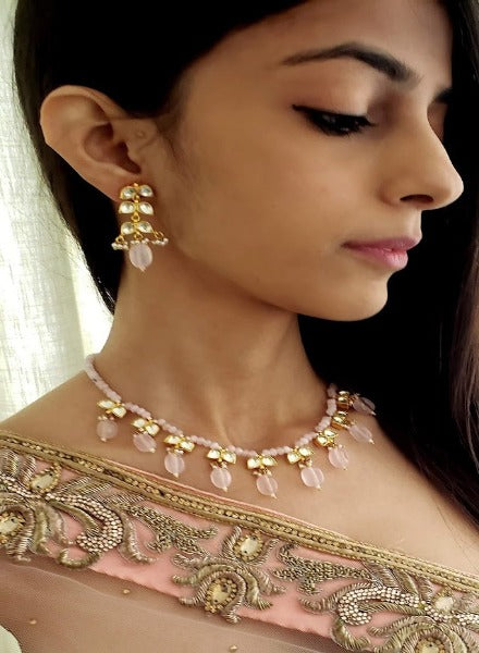 Rose quartz & kundan necklace & earrings