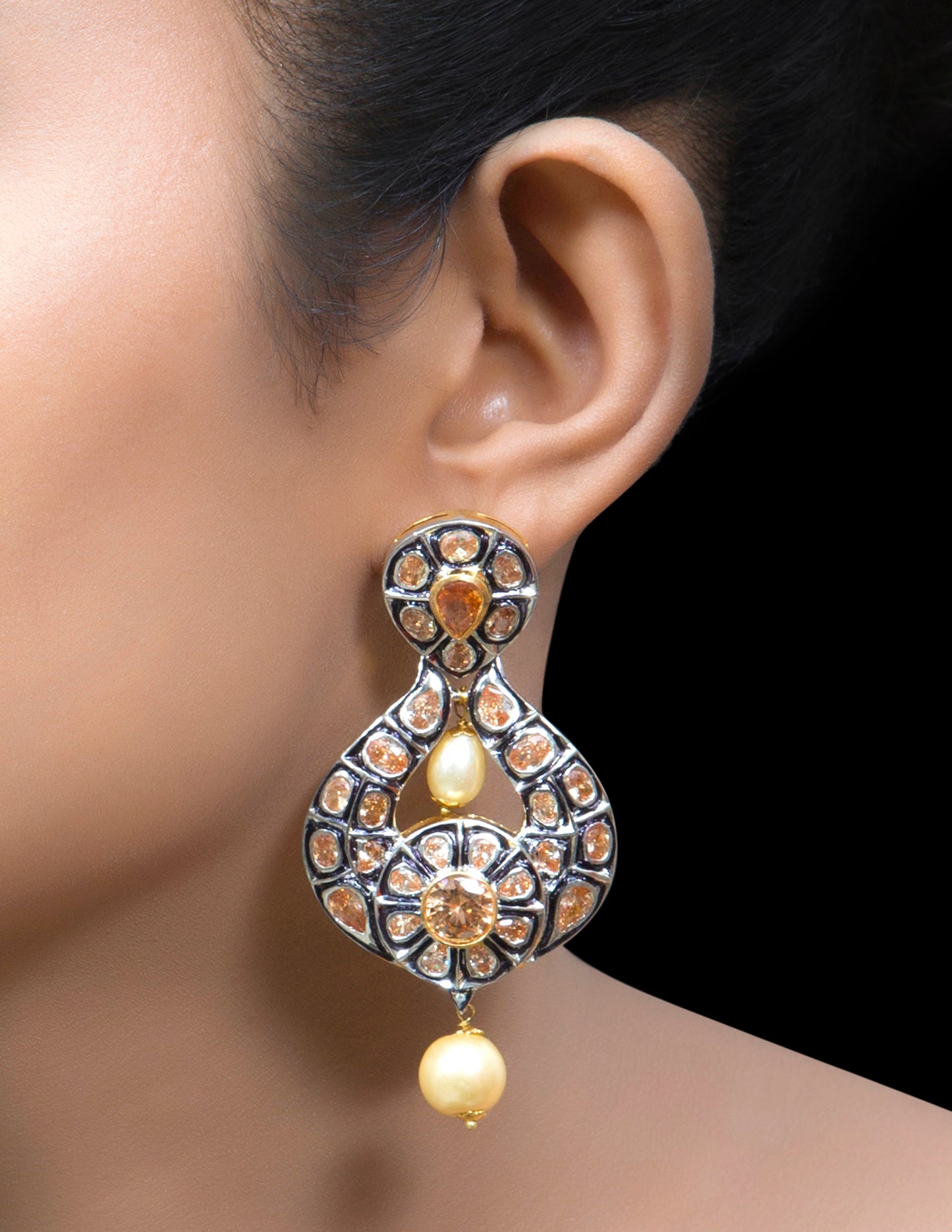 Kundan & meena chandbali earrings with pearl drop