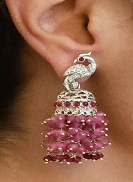 Ruby and silver bird jhumkas