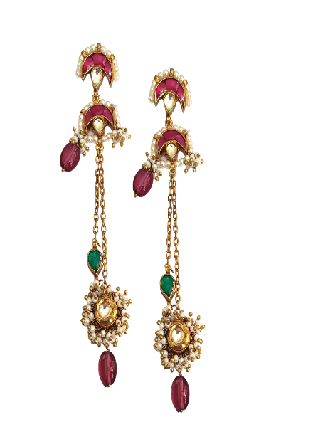 Ruby crescent chain drop earrings